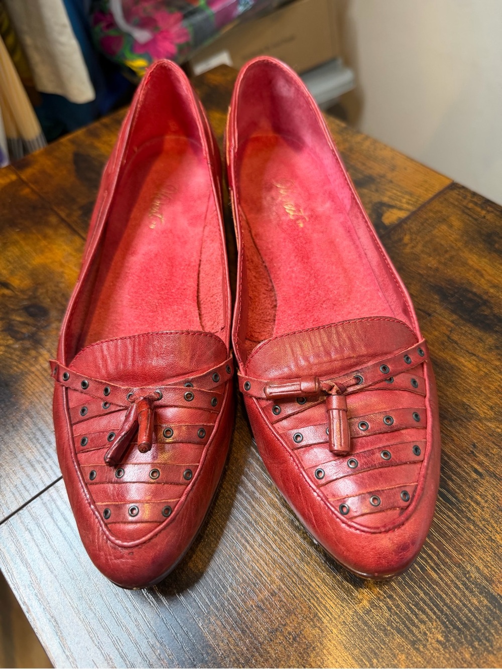 J West Red Leather Flat Loafers Grommet Detailing Small Tassle Bows Size 10M